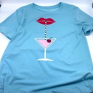 Kate Spade - Cocktail Hour Tee Shirt With Red Lips Straw Sparkly Cherry Size XS
